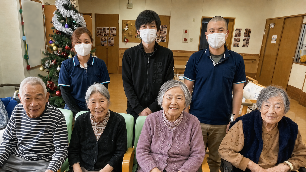 クリスマスの飾りのもと、入居者様とスタッフが笑顔で記念撮影している様子